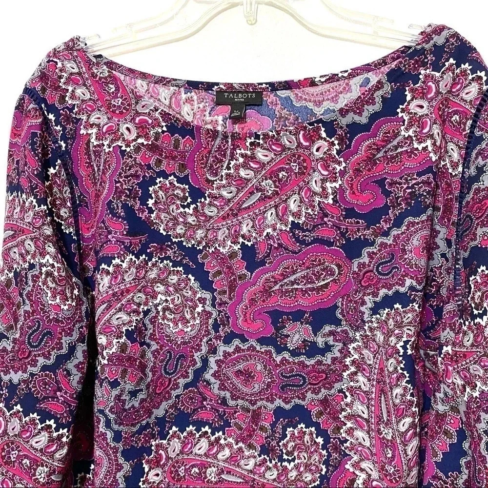 Talbots Petite Paisley Blouse Pink Blue Long Sleeve Size LP